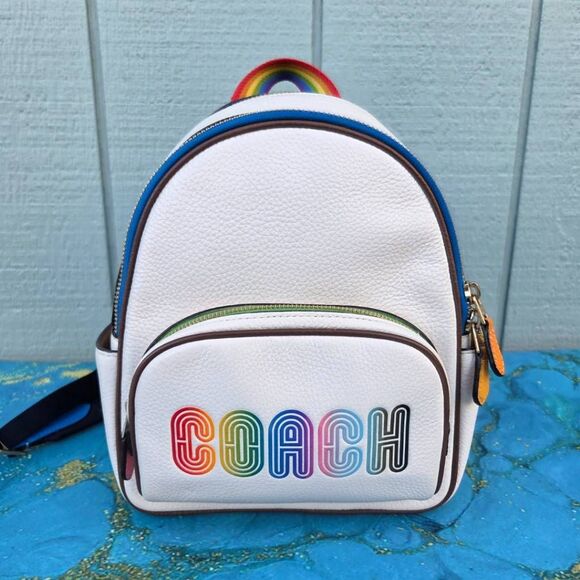 Coach Mini Court White & Rainbow Accented Backpack - Picture 1 of 11